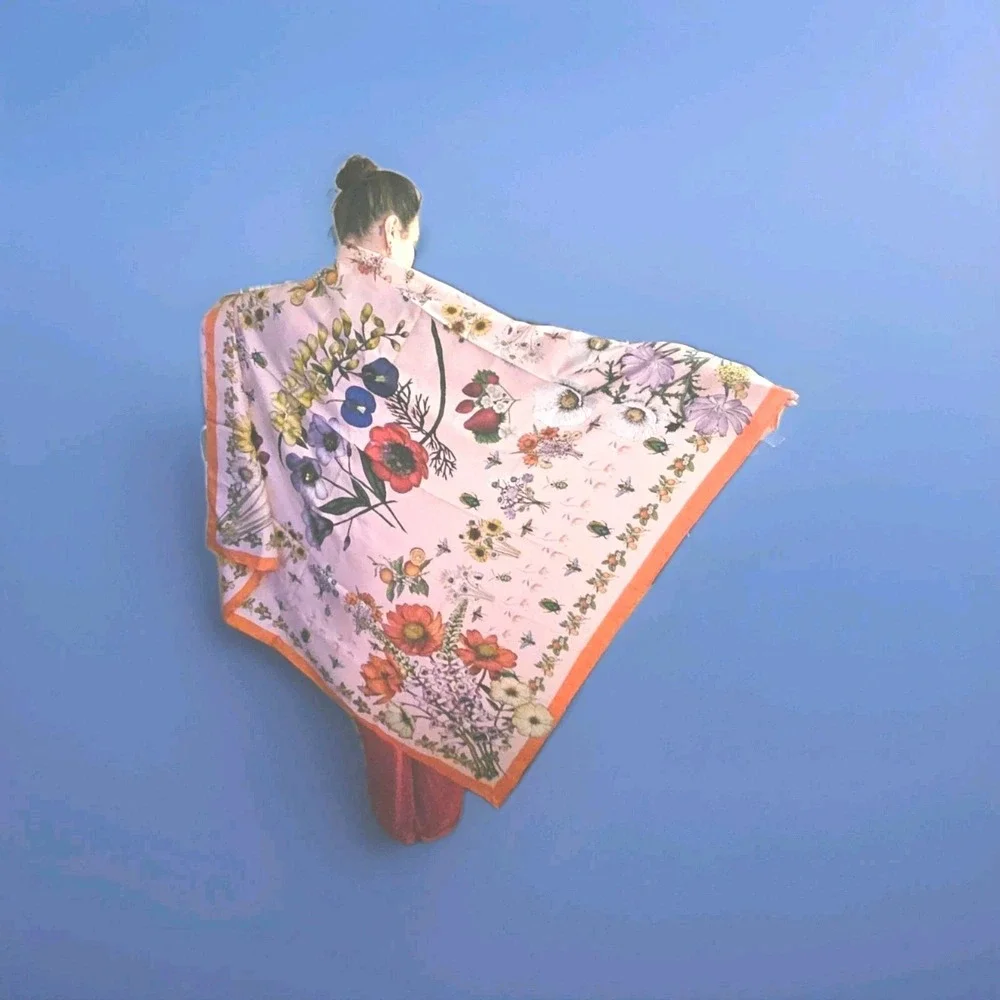 Texas wildflower Silk scarf, bluebonnet Bug Botanical Pink orange Souvenir Large
